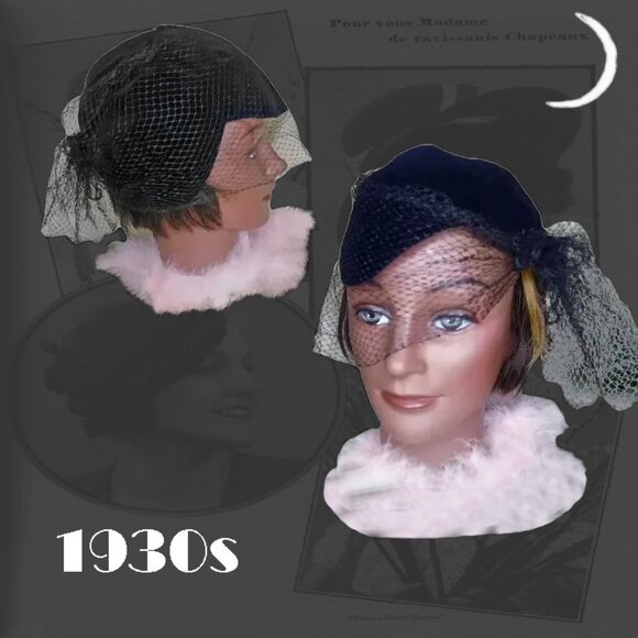 Vintage Accessories - Black Velvet Hat, Cloche, Casque Vintage Film Noir Headwear VFG 30s 1930s